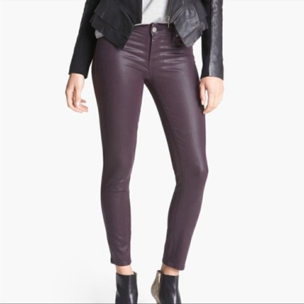 Revolve Paige Coated Denim Pants Black Cherry Silk Verdugo Skinny Ankle Jeans 25